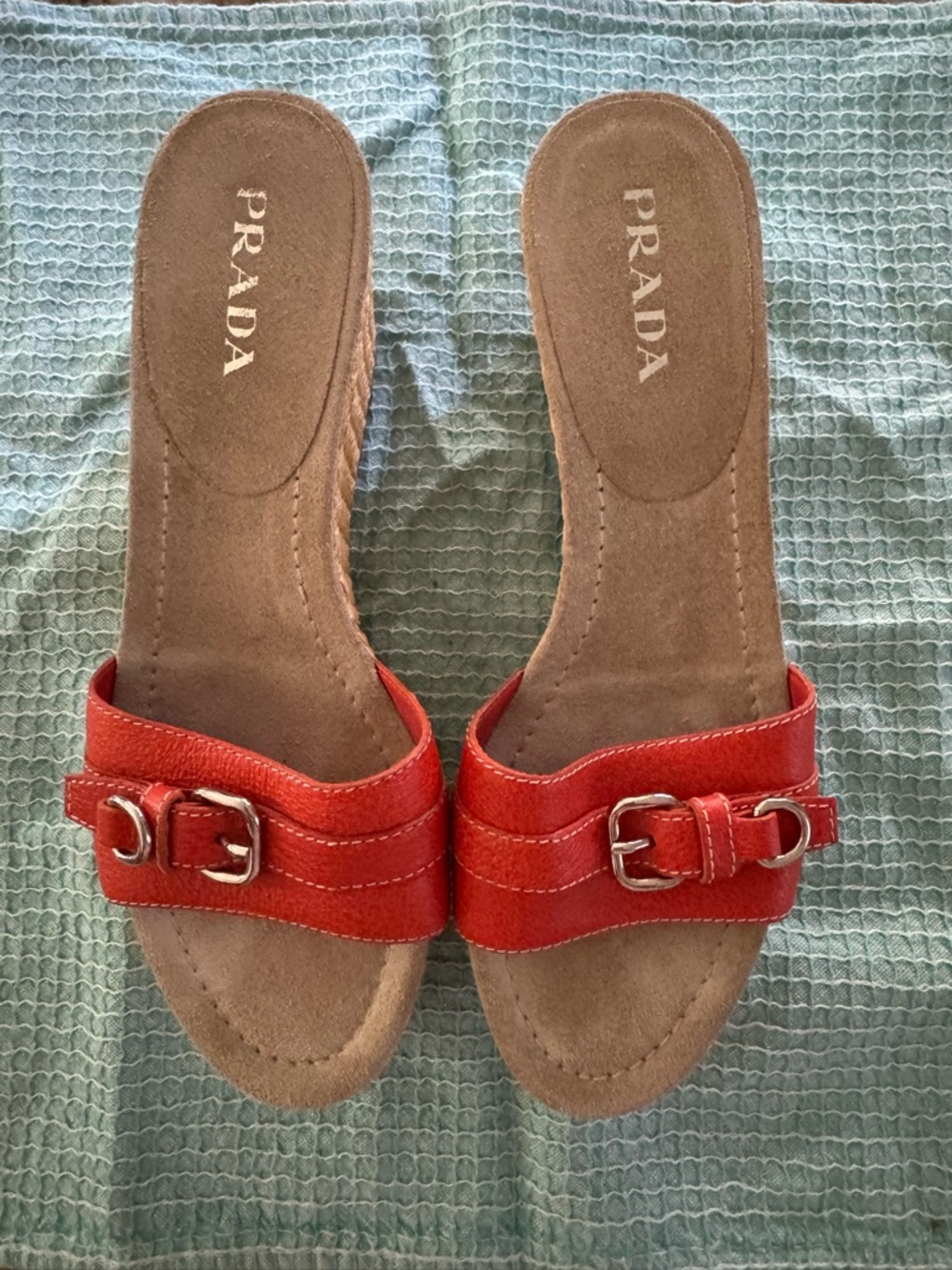 Prada OrangeLeather Buckle Slide Espadrille